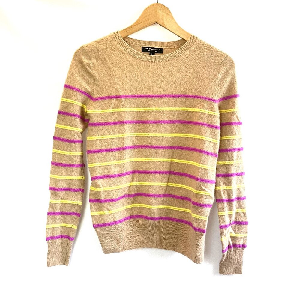 Banana Republic Striped 100% Cashmere Crew Neck Sweater Small Camel Brown